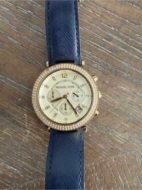 Michael Kors Gold-Tone Crystal Bezel Navy Leather Strap Watch